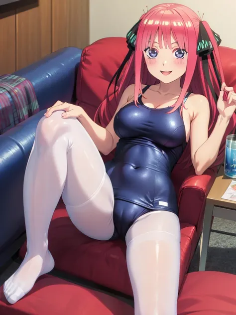 best quality, masterpiece, high quality, insanely detailed, nino nakano, one-piece swimsuit, breasts, pantyhose, blush, smile, in the living room, leg spread