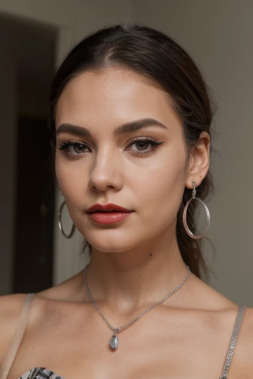 Saras makeup is bold yet tasteful. She favors a dramatic eyeliner that accentuates her eyes and a deep, matte red lipstick that complements her fair skin. Her eyebrows are carefully shaped, adding to her intense expression. She wears a small nose stud and ...