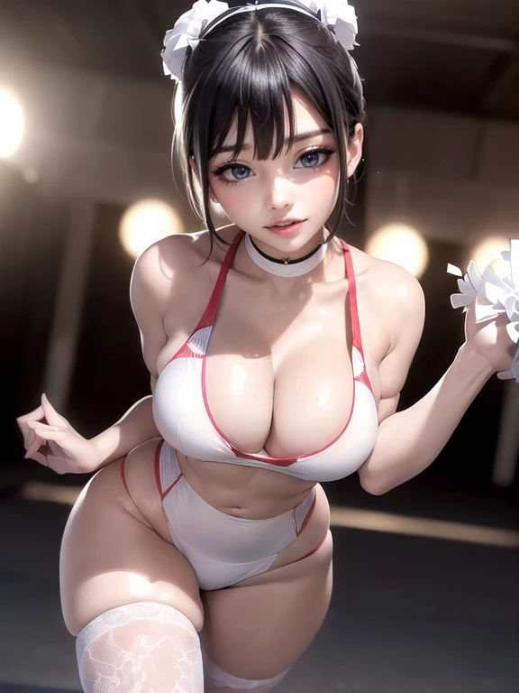 (Ultimate beauty),  非常にdetailed顔, detailedな唇, fine grain, Beautiful Eyes, Short Black Pixie Hairstyles, ((Laugh with your mouth closed)), (((Wearing bright white cheerleader uniforms))),(((Accentuate your cleavage))) Big Breasts,(Accentuate your breasts) (...