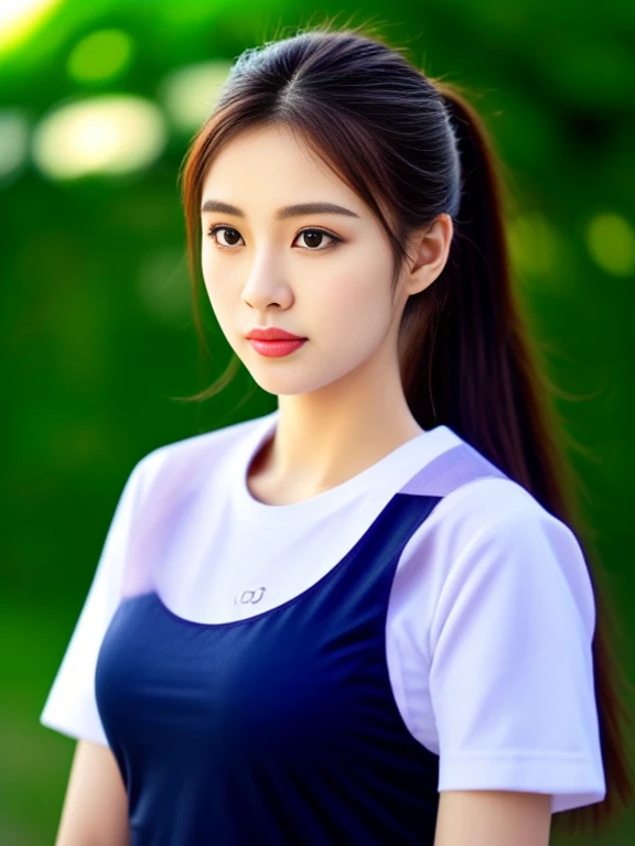 ภาพระยะใกล้ของผู้หญิงponytail, Woman wearing a volleyball shirt dark expensive silk, Thai anime girl, Chest size 36 inches, beautiful south  ponytail,) long, Flowing hair, ponytail, Korean face is so cute, Korean girl, cute korean stars, outdoor gymnasium,