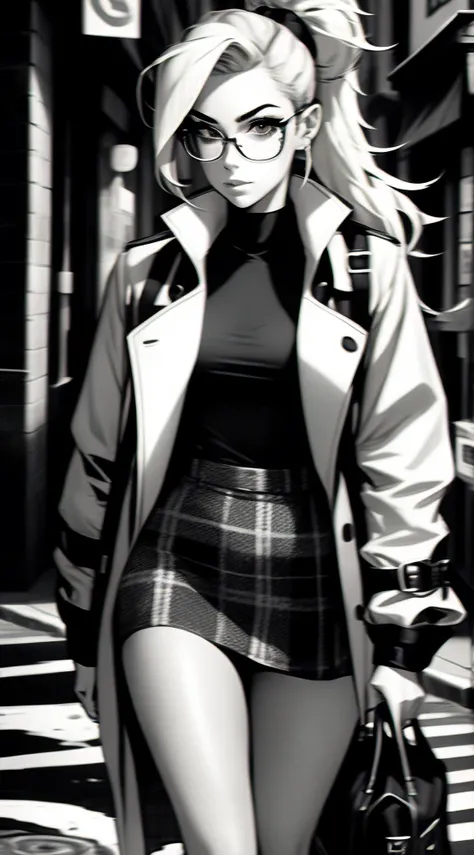 20 year old female detective, blonde hair with messy bun, eyeglasses, masterpiece, detailed, toned body, Noir et blanc, monochrome, femme fatale, black top, plaid skirt, long trench coat, walking down a street 