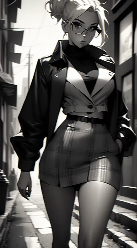 20 year old female detective, blonde hair with messy bun, eyeglasses, masterpiece, detailed, toned body, Noir et blanc, monochrome, femme fatale, black top, plaid skirt, long trench coat, walking down a street 