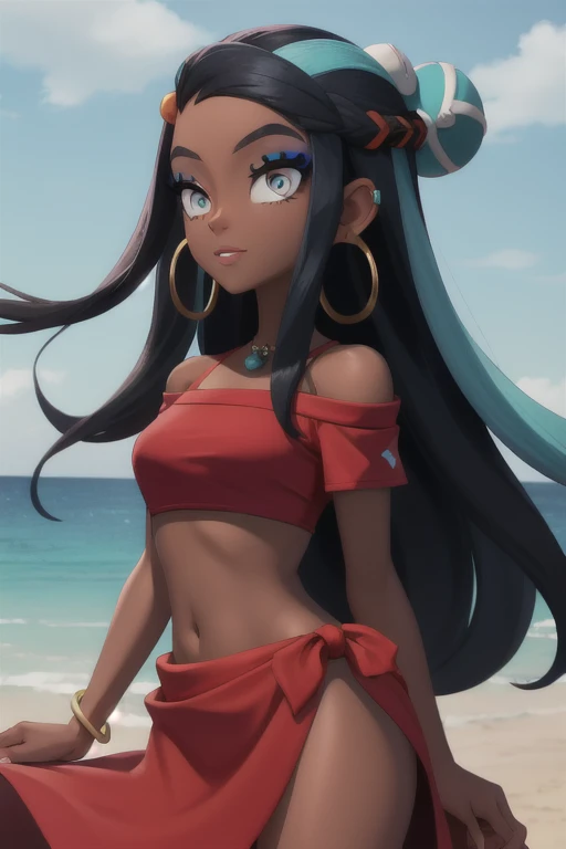 (masterpiece, best quality), 1girl, nessaswim, dark skin, makeup, single hair bun, swimsuit, red crop top, sarong, nessaholiday, dark skin, makeup, single hair bun, fur trim, red dress, short sleeves, hoop earrings, necklace, bracelet, bare shoulders, ness...