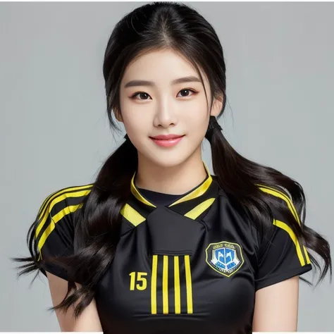 Close-up of a woman wearing a black and yellow uniform., ภาพระยะใกล้ของผู้หญิงponytail, Woman wearing a volleyball shirt dark expensive silk, Thai anime girl, Chest size 36 inches, beautiful south  ponytail,) long, Flowing hair, ponytail, Korean face is so...