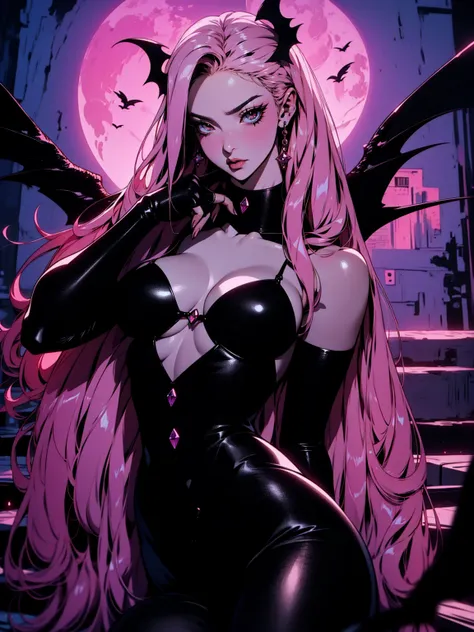 {-erro_de_anatomia:1.0} (best quality,4k,8k,highres,masterpiece:1.2) (masterpiece, top quality, best quality, official art, beautiful and aesthetic: 1.2), (1 woman: 1.3) Succubus girl, long pink hair , yellow eyes, (crystal eyes) succubus wing, black pant,...