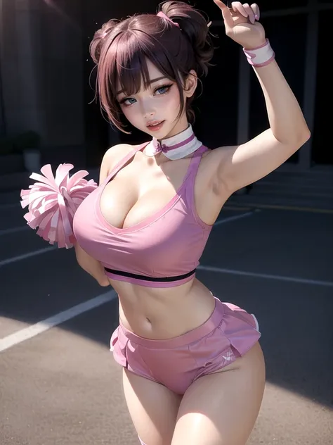 (Ultimate beauty),  非常にdetailed顔, detailedな唇, fine grain, Beautiful Eyes, Short Black Pixie Hairstyles, ((Laugh with your mouth closed)), (((Wearing a bright pink cheerleader uniform))),(((Accentuate your cleavage))) Big Breasts,(Accentuate your breasts) (...