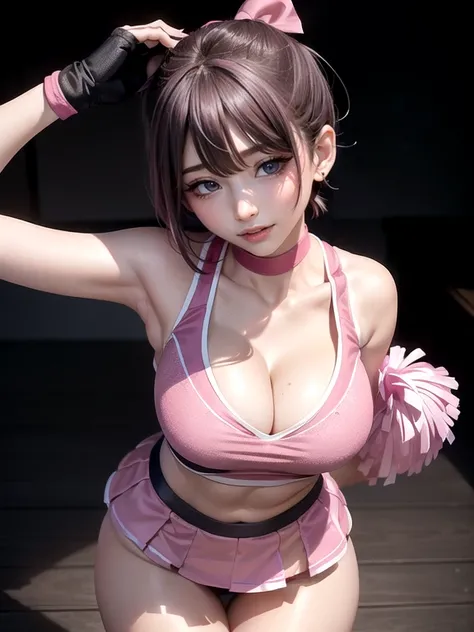 (Ultimate beauty),  非常にdetailed顔, detailedな唇, fine grain, Beautiful Eyes, Short Black Pixie Hairstyles, ((Laugh with your mouth closed)), (((Wearing a bright pink cheerleader uniform))),(((Accentuate your cleavage))) Big Breasts,(Accentuate your breasts) (...