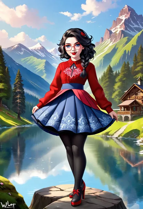 1girl, Large Black Hair With Messy Strands, Pale Skin, Red Lipstick, Dress Covered With Intricate Wood Cut Patterns. round full face, full features. wide toothy smile.Dynamic Pose., Detailed Eyes, Circular Glasses, wide eyes, Standing On A Rock Overlooking...