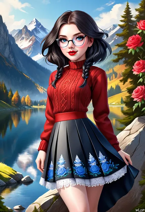 1girl, Large Black Hair With Messy Strands, Pale Skin, Red Lipstick, Dress Covered With Intricate Wood Cut Patterns. round full face, full features. wide toothy smile.Dynamic Pose., Detailed Eyes, Circular Glasses, wide eyes, Standing On A Rock Overlooking...