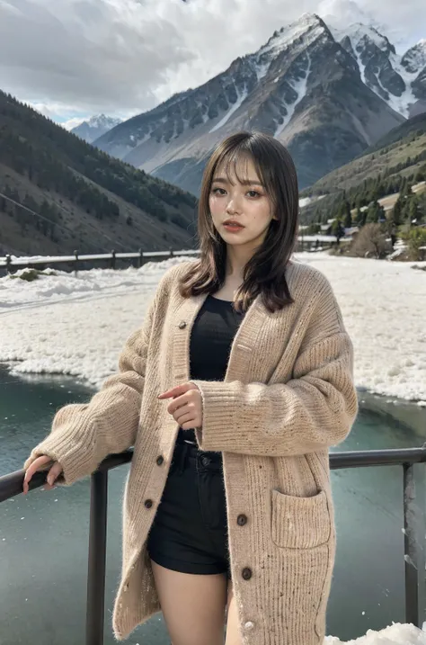 ((masterpiece)),highest quality, figure, dark, One girl, In the wilderness,A tall mountain,Snow-capped mountains visible in the distance々, city, Beautiful fine details,  Beautiful detailed hair,