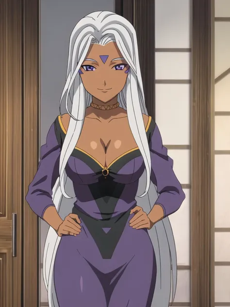 Urd, 1girl, solo, fine detail, dark skin, purple eyes, looking at viewer, smile, cleavage, standing, perfect quality, good quality, masterpiece, HDR, UHD