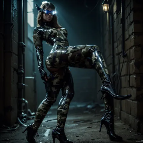 (Cowboy Shot:1.4)、A gorgeous female cyborg in heavy armor、Cyberpunk Mercenary、(camouflage＿Tactical＿latex＿High leg cut＿Bodysuits:1.6)、Tacticalヘルメット、Military Goggles、High definition assault rifle、Dark and gloomy lighting、Dystopian sci-fi setting、Cinematic co...