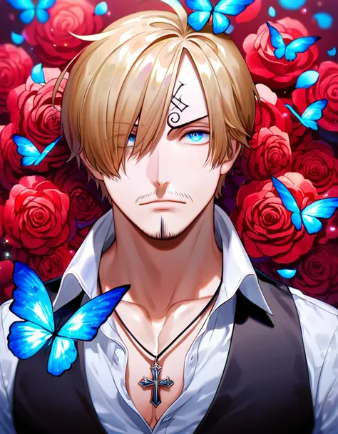 Ultra detailed, HDR, Highres, absurdres, master piece, Sanji, blond hair, expressive blue eyes, black vest, One Piece, red glittering butterflies, petals, fantasy, red flowers, sexy man, solo, handsome, glittering, toned chest, red background, neckle, red ...