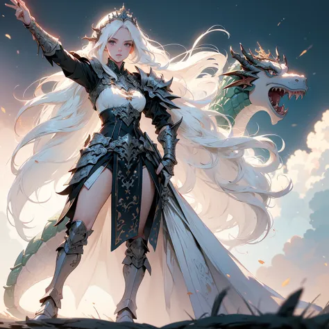 (((masterpiece, best quality, 8k)))Design a layout showcase Fantasy character, (1girl), ((mounted on a dragon)). Beautiful armor, wielding a spear, long white hair, wearing a tiara. ((detailed dragon:1.4)), white dragon, full of intricate details. (masterp...