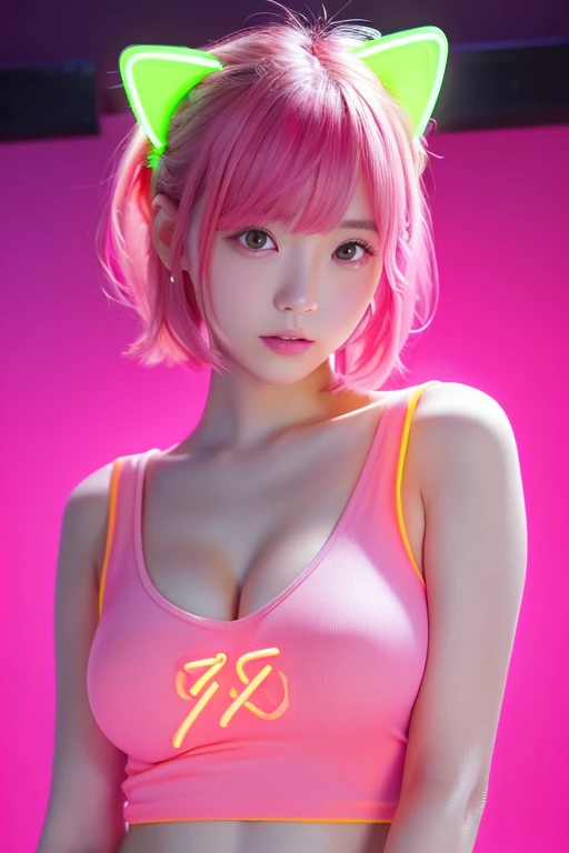 Taken with iPhone camera、Cute Japanese Women Photos、Big ample breasts、Very short bob hair、Pink hair masterpiece, highest quality, Realistic, 4K, Bokeh, Awareness-raising, (1 perfect portrait of a girl), , Cat ear, Fantasy Background, Cute clothes, Long-ter...