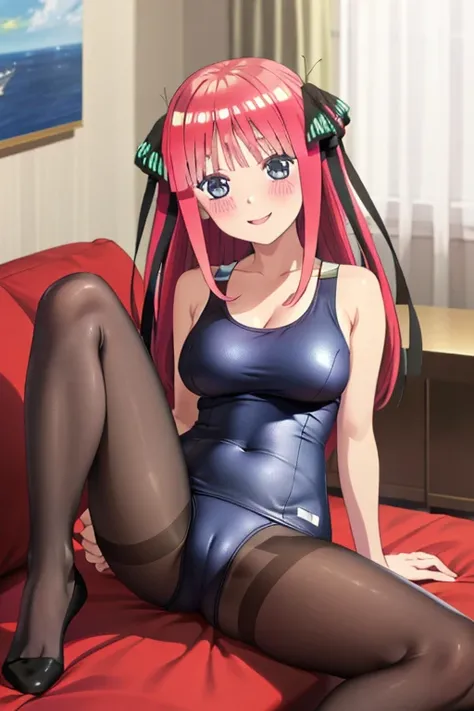 best quality, masterpiece, high quality, insanely detailed, nino nakano, one-piece swimsuit, breasts, pantyhose, blush, smile, in the living room, leg spread