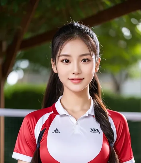 ภาพระยะใกล้ของผู้หญิงponytail, Woman wearing a volleyball shirt dark expensive silk, Thai anime girl, Chest size 36 inches, beautiful south  ponytail,) long, Flowing hair, ponytail, Korean face is so cute, Korean girl, cute korean stars, outdoor gymnasium