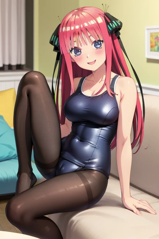 best quality, masterpiece, high quality, insanely detailed, nino nakano, one-piece swimsuit, breasts, pantyhose, blush, smile, in the living room, leg spread