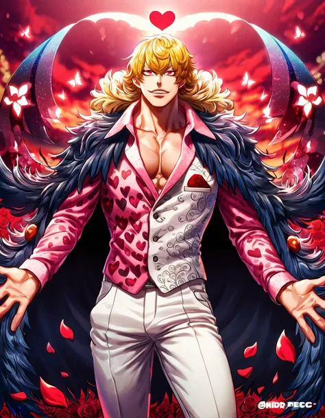 absurdres, highres, ultra detailed, HDR, master piece, best quality, Donquixote Rosinante Corazon, expressive red eyes, blonde hair, One Piece, solo, sexy man, handsome, black fur cape, pink shirt with heart patterns, white pants, magical, fantasy, red ros...