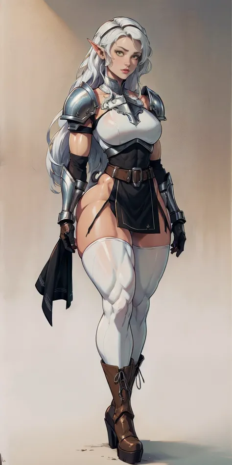 masterpiece, best quality, high quality, white SKIN elf, long hair, white hair, yellow eyes, full body, def_effie, blue breastplate, white skin, looking at viewer, shiny,armor, thighhighs, high boots,shoulder armor, faulds, poleyn, gloves, gauntlets