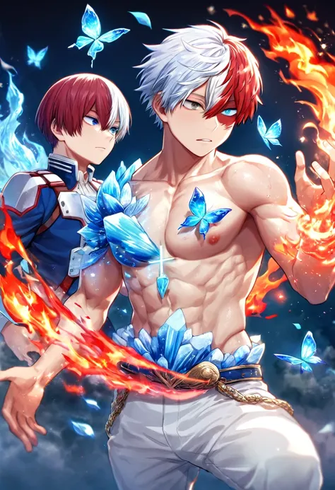 Ultra detailed, HDR, Highres, absurdres, master piece, Todoroki Shouto, bicolored hair, white right hair, red left hair, expressive blue eyes, heterochromia, Boku No Hero Academia, glittering blue butterflies, petals, fantasy, blue flowers, sexy man, solo,...