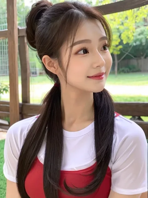 ภาพระยะใกล้ของผู้หญิงponytail, A woman wears a dark red volleyball shirt., expensive silk, Thai anime girl, Chest size 36 inches, beautiful south  ponytail,) long, Flowing hair, ponytail, Korean faces are cute., Korean girl, cute korean stars, outdoor gym