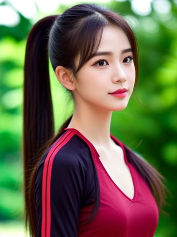 ภาพระยะใกล้ของผู้หญิงponytail, A woman wears a dark red volleyball shirt., expensive silk, Thai anime girl, Chest size 36 inches, beautiful south  ponytail,) long, Flowing hair, ponytail, Korean faces are cute., Korean girl, cute korean stars, outdoor gym