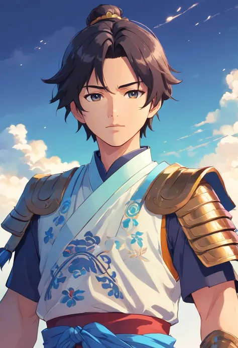 Ancient Chinese man in armor、Clever man、Looking into the camera、His hair is in a bun、Only one topknot、Black Hair、Stand and pose、Pixel art、(masterpiece, highest quality, highest quality), pixel,pixel art,whole body,Characters in Romance of the Three Kingdom...