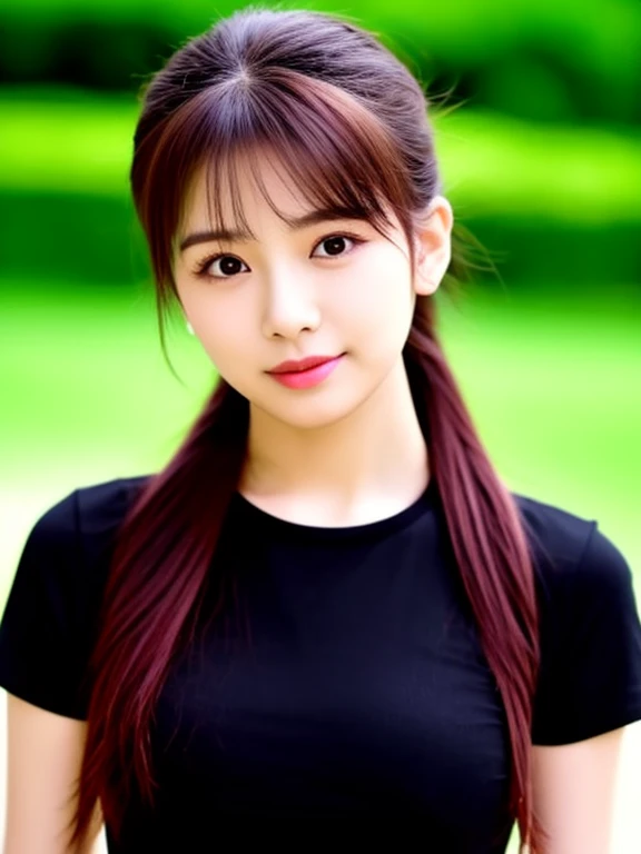 ภาพระยะใกล้ของผู้หญิงponytail, A woman wears a dark red volleyball shirt., expensive silk, Thai anime girl, Chest size 36 inches, beautiful south  ponytail,) long, Flowing hair, ponytail, Korean faces are cute., Korean girl, cute korean stars, outdoor gym