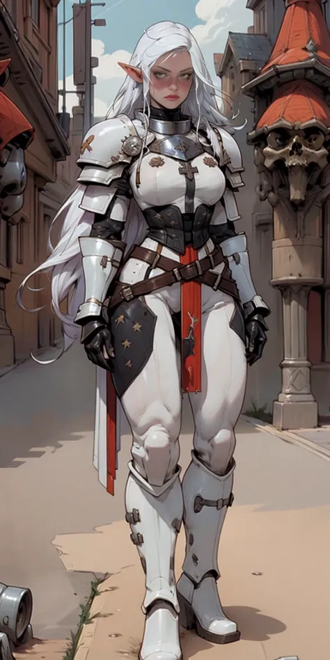 masterpiece, best quality, high quality, white SKIN elf, long hair, white hair, yellow eyes, full body, def_effie, blue breastplate, white skin, looking at viewer, shiny,armor, thighhighs, high boots,shoulder armor, faulds, poleyn, gloves, gauntlets