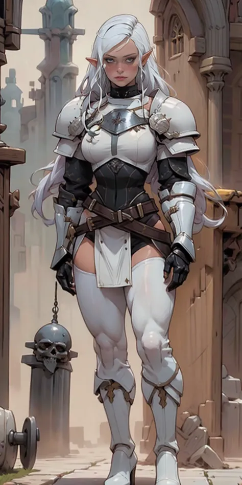 masterpiece, best quality, high quality, white SKIN elf, long hair, white hair, yellow eyes, full body, def_effie, blue breastplate, white skin, looking at viewer, shiny,armor, thighhighs, high boots,shoulder armor, faulds, poleyn, gloves, gauntlets