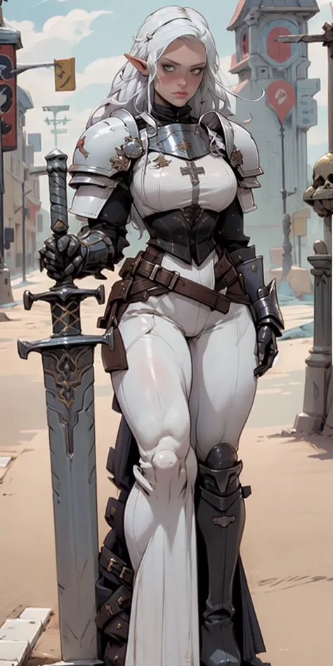 masterpiece, best quality, high quality, white SKIN elf, long hair, white hair, yellow eyes, full body, def_effie, blue breastplate, white skin, looking at viewer, shiny,armor, thighhighs, high boots,shoulder armor, faulds, poleyn, gloves, gauntlets