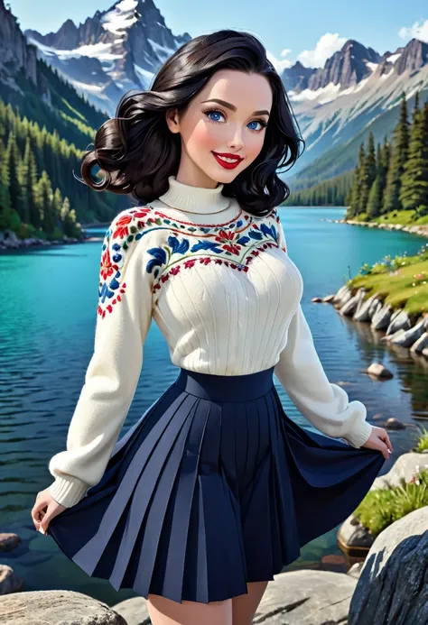 1girl, Large Black Hair With Messy Strands, Pale Skin, Red Lipstick, Dress Covered With Intricate Wood Cut Patterns. round full face, full features. wide toothy smile.Dynamic Pose., Detailed Eyes,, wide eyes, Standing On A Rock Overlooking A Mountain Valle...