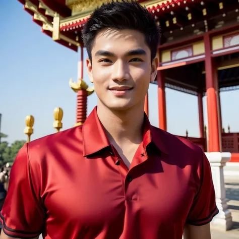 An Araf man in a red shirt stood in front of the pagoda., Wear a dark red volleyball shirt., expensive silk, Thai anime, Outdoor gym inspired by Li Khan, Damian Tran, wearing red dress, Wear a red formal dress, Handsome Chad Chin, Ross instead, Asian man, ...