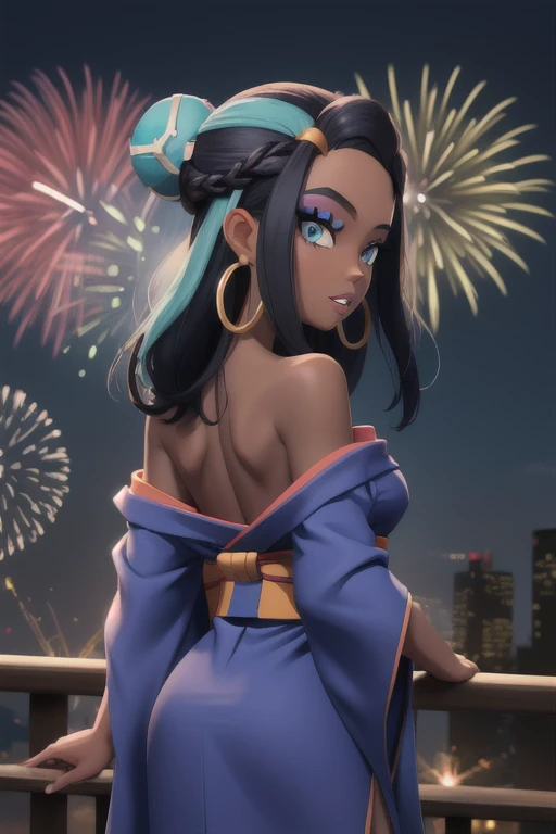 masterpiece, best quality, from behind, solo, 1girl, nessarnd, dark skin, makeup, parted lips, looking back, single hair bun, blue kimono, off shoulder, hoop earrings, bare shoulders, fireworks
