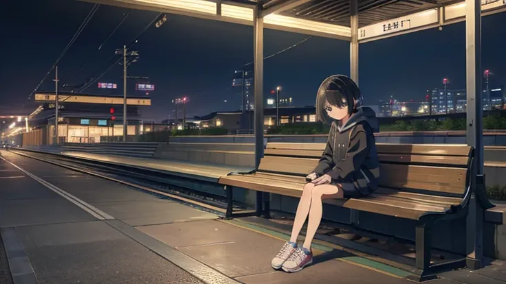 Masterpiece、Beautiful light、night、Waiting for the train on the platform at Kasukabe Station、Cute girl sitting on a bench、Short Bob、Black Hair、hoodie、Shorts、sneakers、I have headphones on、Sadness atmosphere、The station name is Kasukabe Station、There is a sig...