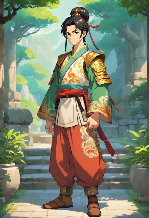 Ancient Chinese man in armor、Clever man、Looking into the camera、His hair is in a bun、Only one topknot、Black Hair、Stand and pose、Pixel art、(masterpiece, highest quality, highest quality), pixel,pixel art,whole body,Characters in Romance of the Three Kingdom...