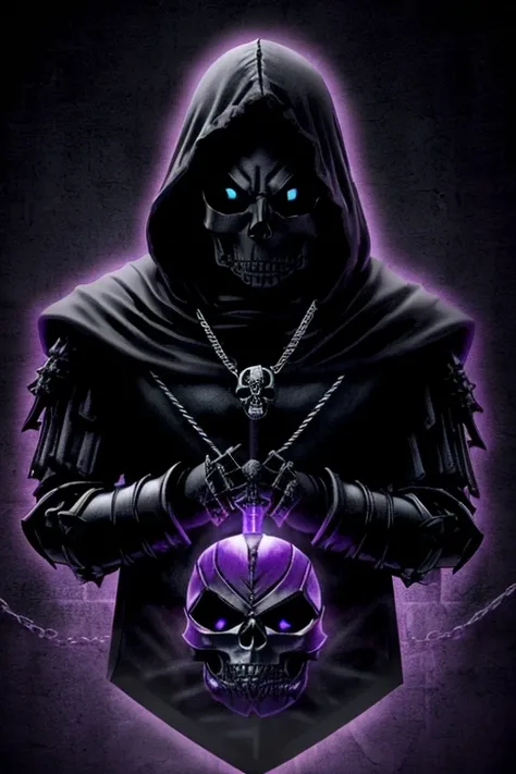 ((dark fantasy:1.4)),Shadow skeleton knight. ((black skull face:1.3)), Hooded shadow wraith in black battle armor, (glowing violet eyes:1.2), (cross pendant:1.3). brandishing black great sword in purple flames. masterpiece