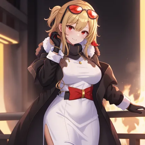 ((best quality)), absurdres, ((ultra high res)), kaela kovalskia, a woman in white dress and black coat, red eyes, blonde hair, gloves, extremely detailed, 8k, masterpiece, create a logo name "Anime Kawaii ID" with background blacksmith.