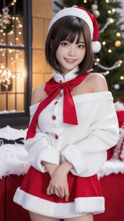 1girl, santa claus costume, symmetry,young japanese girl, slender figure, (ultra short hair:1.5), ultra big smile, beautiful detailed eyes, beautiful detailed lips, extremely detailed face, natural makeup, (best quality, 4k, 8k, highres, masterpiece:1.2), ...