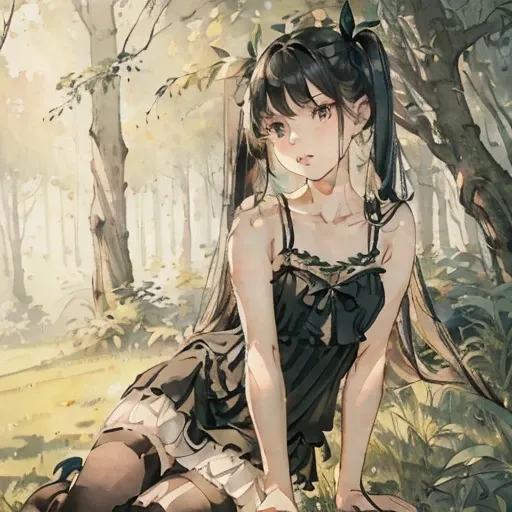 a girl sitting on a bench, wearing a camisole, long black twin tails, thigh-high socks, cinematic lighting, highly detailed, photorealistic, 8k, extremely detailed face and eyes, gorgeous, elegant, beautiful, serene, peaceful, natural setting, lush green g...