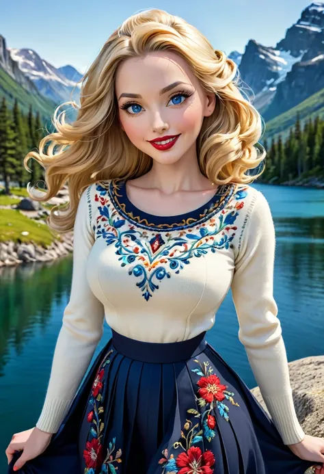 1girl, Large blond Hair With Messy Strands, Pale Skin, Red Lipstick, Dress Covered With Intricate Wood Cut Patterns. Round full face, full features. Wide toothy smile, Dynamic Pose. Detailed Eyes, wide eyes, Standing On A Rock Overlooking A Mountain Valley...