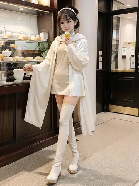 wearing a pearl milk tea color tights with a pearl milk tea color cloak, wearing milk tea color long gloves on both hands, and w...