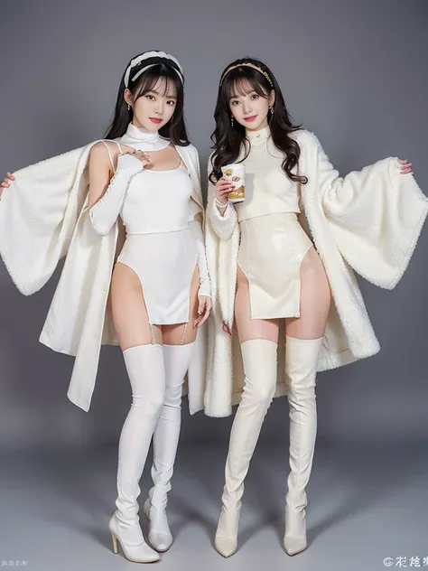 wearing a pearl milk tea color tights with a pearl milk tea color cloak, wearing milk tea color long gloves on both hands, and w...