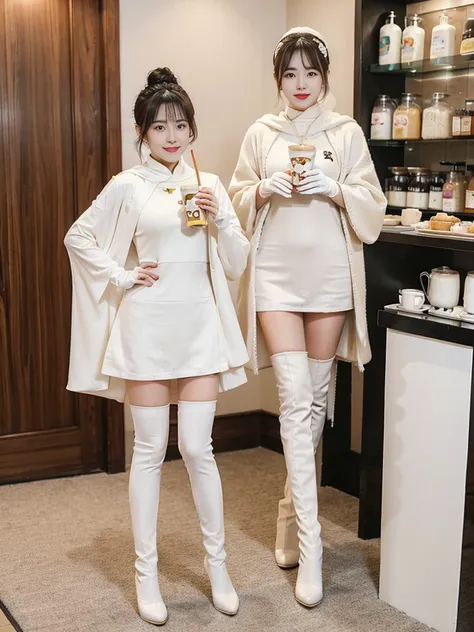 wearing a pearl milk tea color tights with a pearl milk tea color cloak, wearing milk tea color long gloves on both hands, and w...