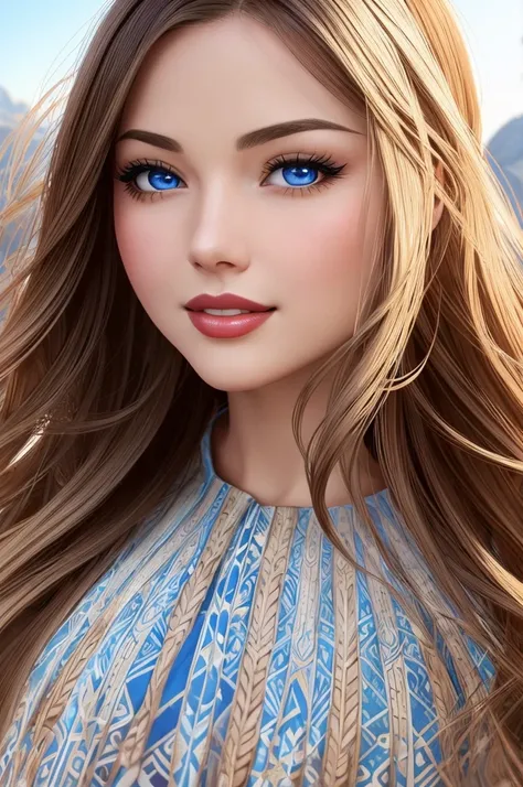 1girl, Large blond Hair With Messy Strands, Pale Skin, Red Lipstick, Dress Covered With Intricate Wood Cut Patterns. Round full face, full features. Wide toothy smile, Dynamic Pose. Detailed Eyes, wide eyes, Standing On A Rock Overlooking A Mountain Valley...