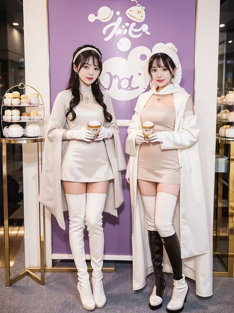 wearing a pearl milk tea color tights with a pearl milk tea color cloak, wearing milk tea color long gloves on both hands, and w...