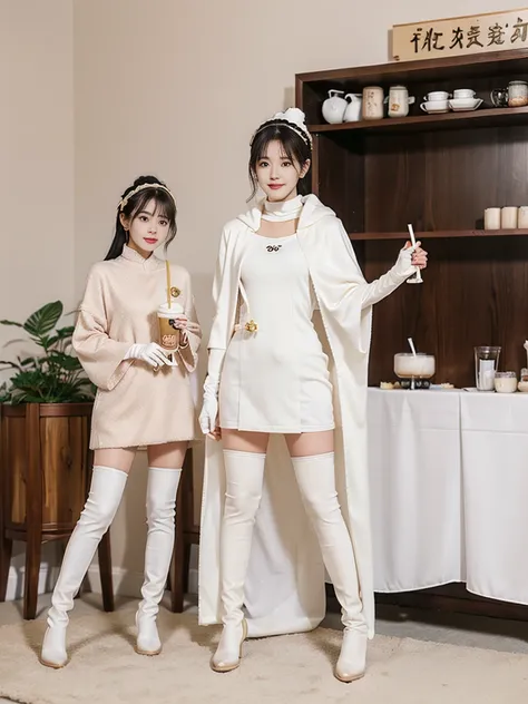 wearing a pearl milk tea color tights with a pearl milk tea color cloak, wearing milk tea color long gloves on both hands, and w...