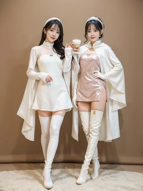 wearing a pearl milk tea color tights with a pearl milk tea color cloak, wearing milk tea color long gloves on both hands, and w...