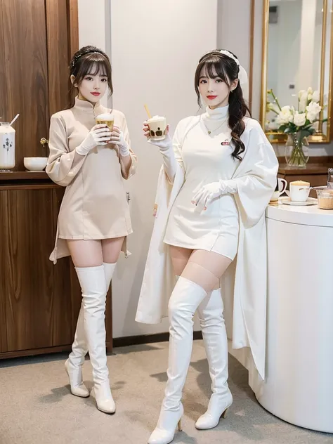 Wearing a pearl milk tea color tights with a pearl milk tea color cloak, wearing milk tea color long gloves on both hands, and wearing pearl milk tea color over-the-knee boots on both feet. The original superheroine, the mother of pearl milk tea, stands an...